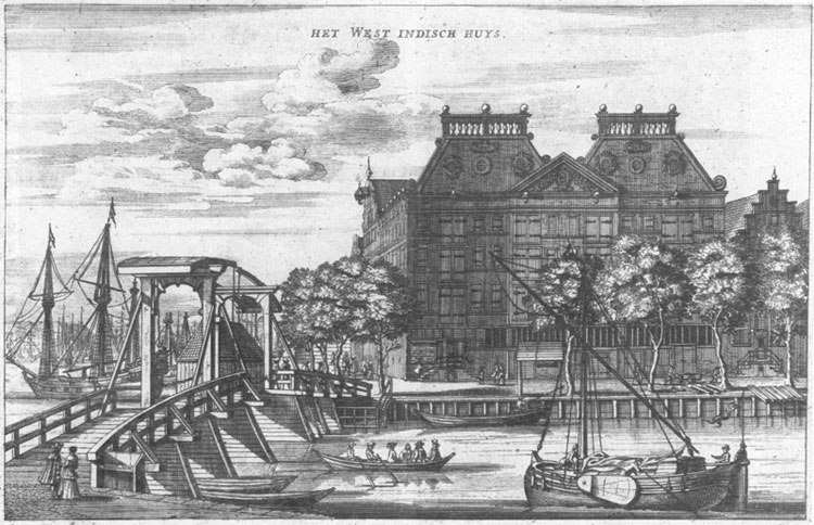 Het West Indisch Huys in 1655 aan de Herenmarkt in Amsterdam. © Stadsarchief Amsterdam